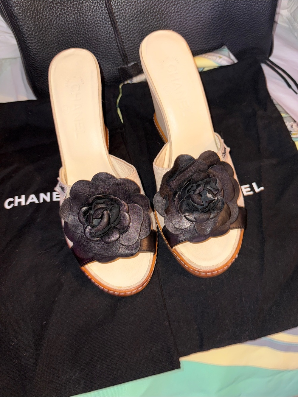 CHANEL Black Leather Camellia Slide Mules